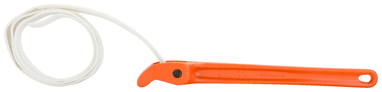 Bahco 300mm pipe wrench with nylon strap, designed for narrow spaces and optimal grip on delicate oil filters and tubes.