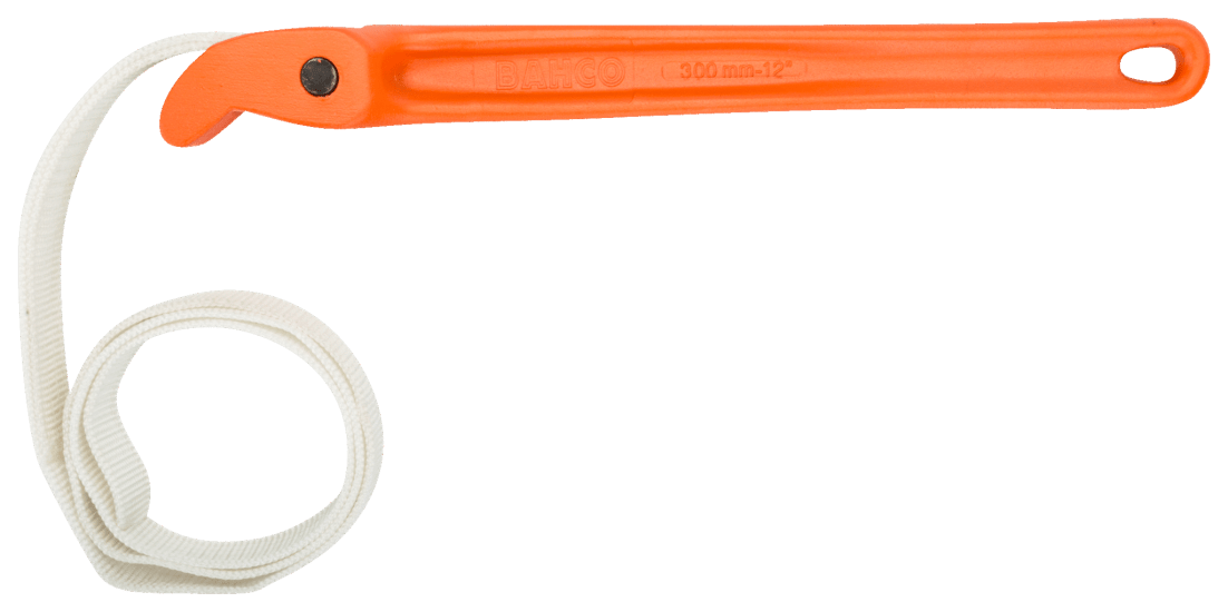Bahco 300mm pipe wrench with nylon strap for delicate tasks, ideal for oil filters and tubes up to 220mm in diameter.