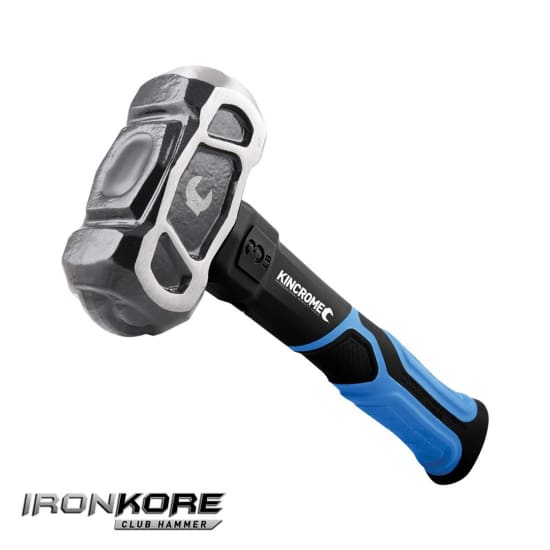 Kincrome Ironkore 3lb club hammer with heat-treated steel head, dual striking faces, and shock-absorbing rubber grip.
