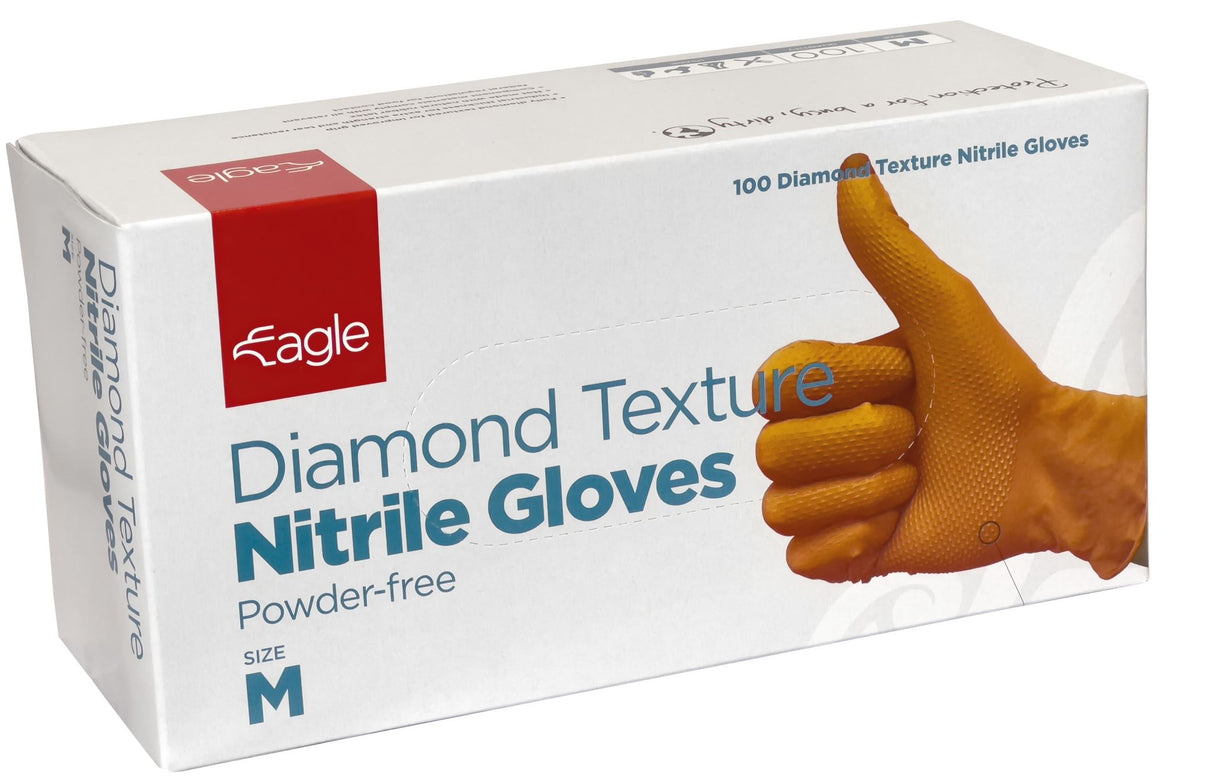Eagle Diamond Texture Nitrile Gloves Powder Free Orange, Pack of 100 - - L