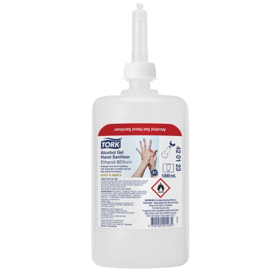 Tork Alcohol Gel Hand Sanitiser in a 1000ml bottle, clinically effective with 80% alcohol for maximum germ protection.