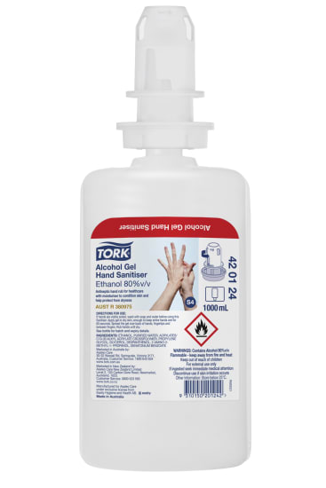Tork S4 Alcohol Gel Hand Sanitiser 1000ml, effective antiseptic with 80% alcohol, moisturizes while killing 99.99% of germs.