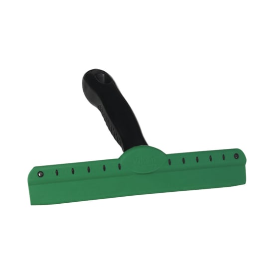 Vikan Wipe-N-Shine 250mm green window scraper, designed for removing water residue and limescale from surfaces.