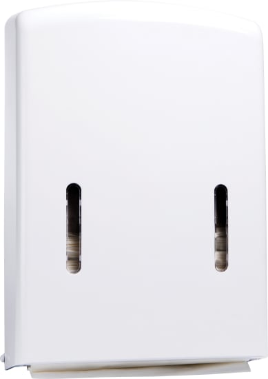 Sleek white Maxi Slim Multifold Paper Towel Dispenser for efficient hand-drying in restrooms and kitchens, H40cm x W28cm x D11cm.