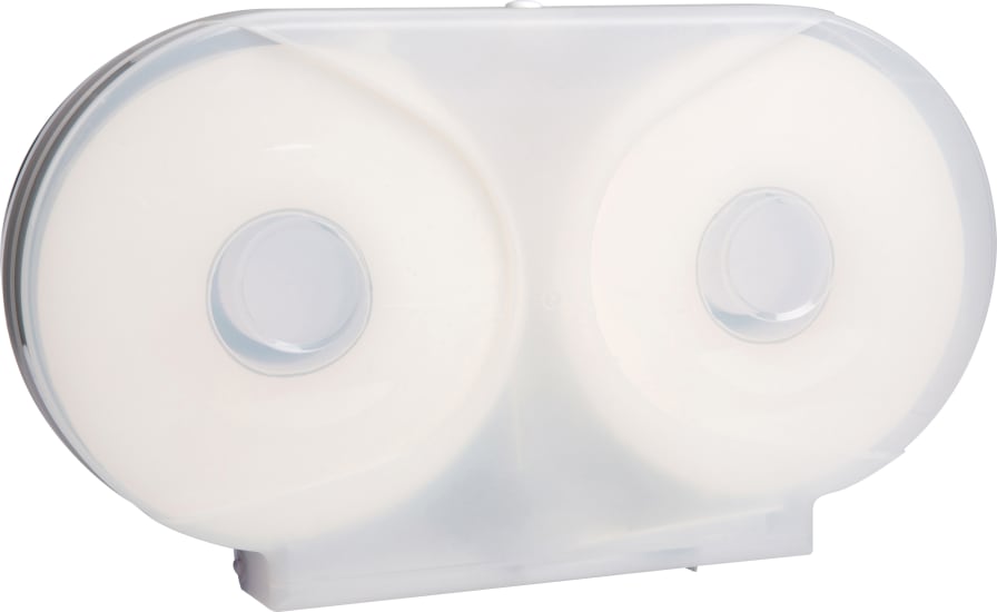Double Jumbo Toilet Tissue Dispenser in white, holds two jumbo rolls, ideal for high-traffic restrooms and easy to refill.
