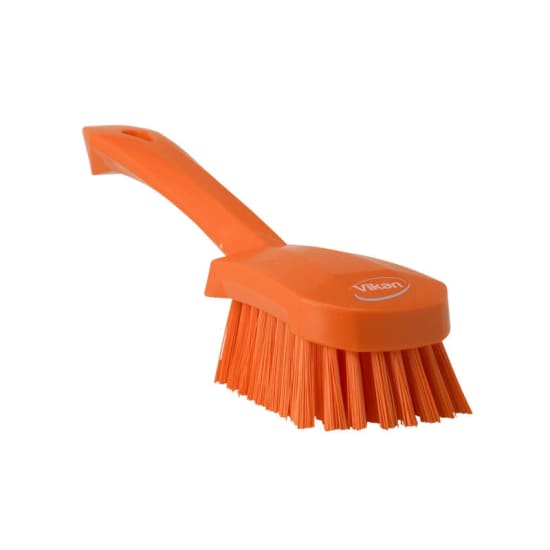 Vikan short handled orange washing brush, 270mm, with stiff bristles, ideal for tough cleaning on various surfaces.