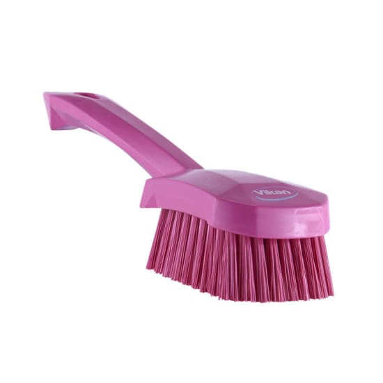 Vikan Short Handled Washing Brush in pink, 270mm with stiff bristles for effective cleaning of tough grime and surfaces.