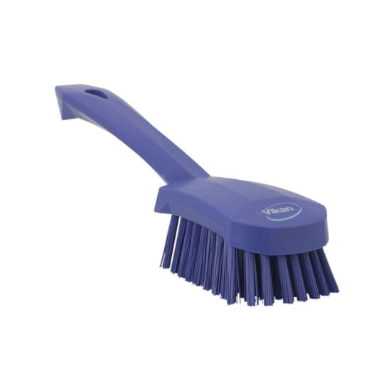 Vikan Short Handled Washing Brush in purple with stiff bristles, 270mm long, ideal for tough cleaning tasks.