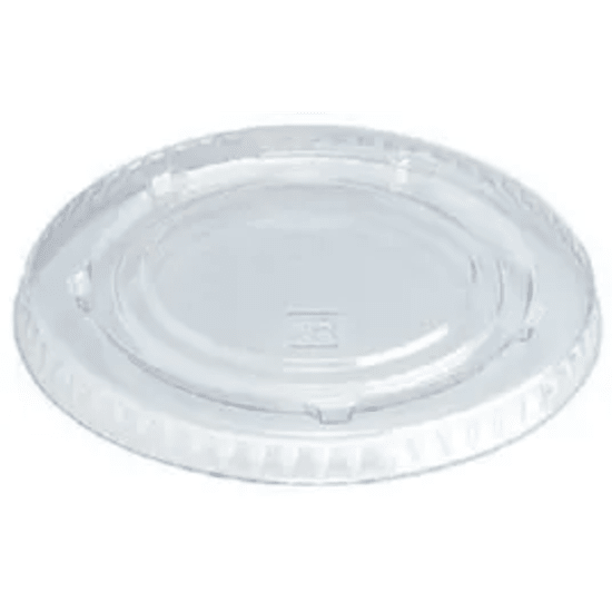 Clear PET plastic lids with 74mm diameter, ideal for showcasing cold food items in takeaways and cafes, 100-pack.