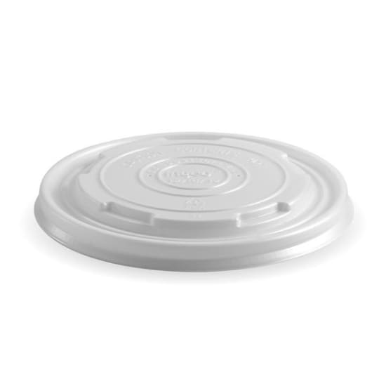 Eco-friendly white PLA biobowl lids for 12-32oz bowls, leakproof and compostable, packed in 50 for sustainable food service.