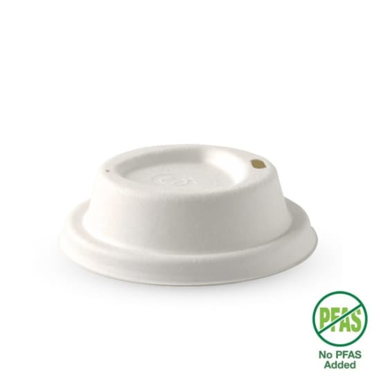 Small white plant fibre lid for BioCups, 80mm, 50-pack; eco-friendly, leak-free, and compostable from sugarcane pulp.
