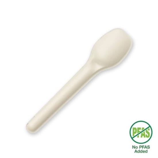 Eco-friendly 11cm biodegradable teaspoons made from sugarcane pulp, 50-pack, perfect for sustainable dining options.