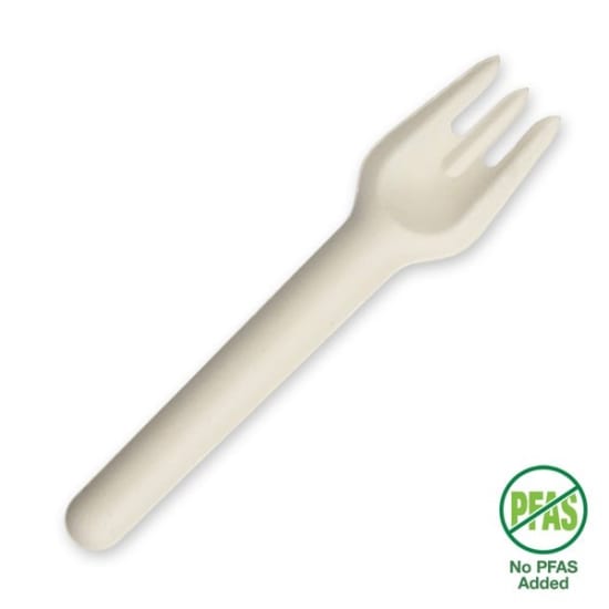 Eco-friendly BioPak plant fibre forks (15cm, 50-pack) made from renewable sugarcane pulp, compostable and plastic-free.
