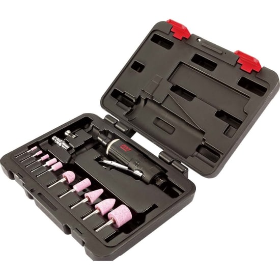 M7 15pc Air Die Grinder Set featuring a 0.3 HP grinder, multiple collets, and various grinding points in a carry case.