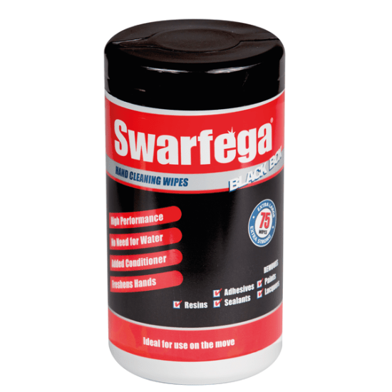 Extra-large Swarfega heavy duty hand wipes in a tub, ideal for industrial cleaning of oils, greases, and inks without water.