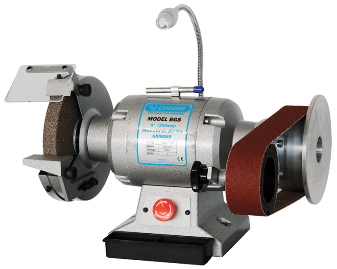 LINISHALL Bench Grinder BG8L featuring an 8" heavy-duty grinder with belt and disc attachment, ideal for precise grinding.