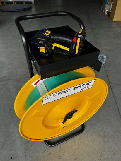 Robust PET Strapping Dispenser Stand with enlarged top tray, designed for efficient packaging and secure tool storage.