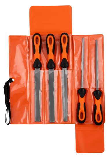 Bahco ERGO 5 Piece File Set with 200mm files, featuring ergonomic handles for precision, comfort, and high removal rates.