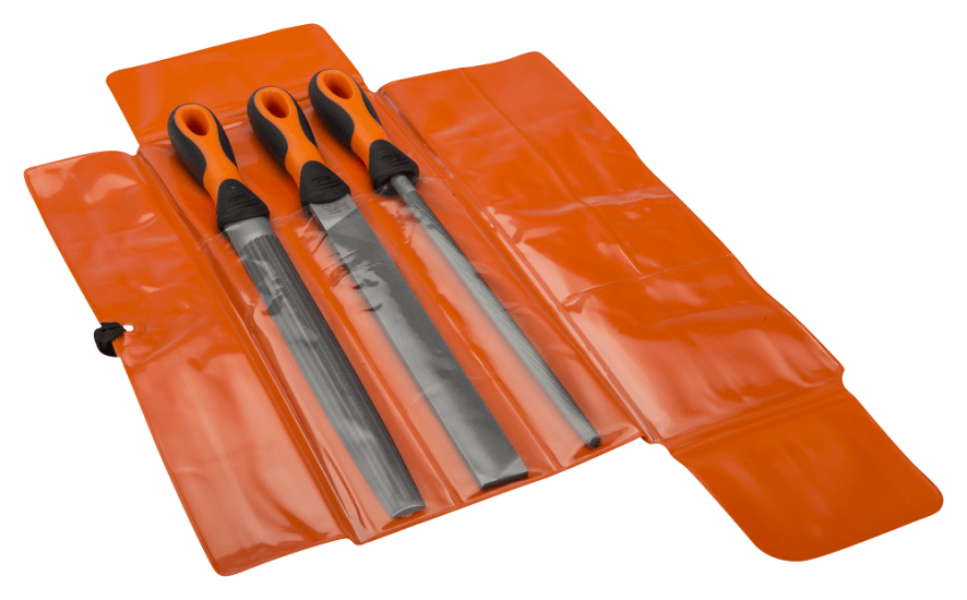 Bahco ERGO Engineering 3-piece file set with ergonomic handles for efficient filing of various surfaces and tasks.