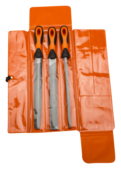 Bahco ERGO Engineering 3 Piece File Set with ergonomic handles, includes Flat, Round, and Half-Round files for precision tasks.