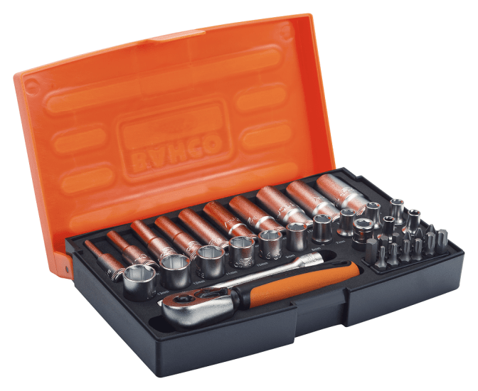 Bahco 37 Piece 1/4in Socket Set with metric hex profile sockets and screwdriver bits, crafted from high-performance alloy steel.