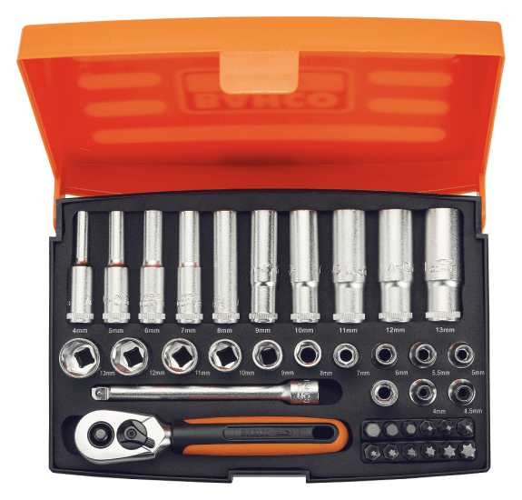 Bahco 37 Piece 1/4in Socket Set featuring high-performance alloy steel sockets and screwdriver bits in a compact storage case.