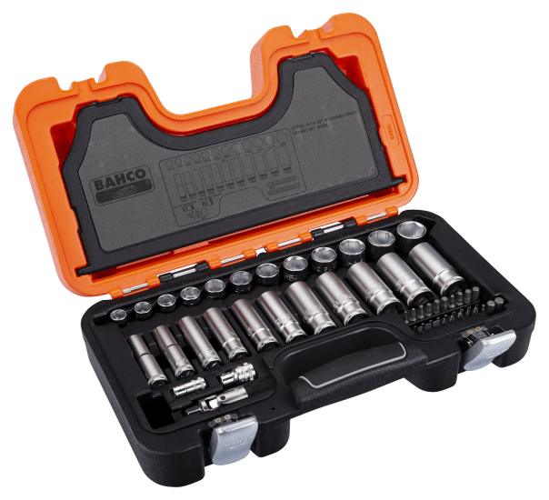 Bahco 53 Piece Deep Socket Set with 1/4 and 3/8 inch sockets, durable alloy steel, organized case for mechanics and DIYers.