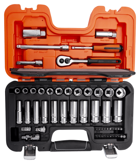 Bahco 53 Piece Deep Socket Set, featuring 1/4 and 3/8 inch sockets in a durable case, ideal for mechanics and DIY projects.