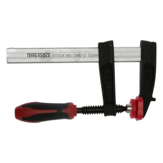 Teng F-Clamp with ductile cast iron arms, 300mm span, 120mm throat, ergonomic handle for effective clamping.