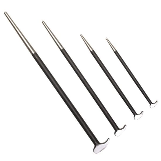 Toledo Rolled Head Pry Bar Set featuring chrome vanadium steel, high leverage rolled head, and tapered podger ends in four sizes.
