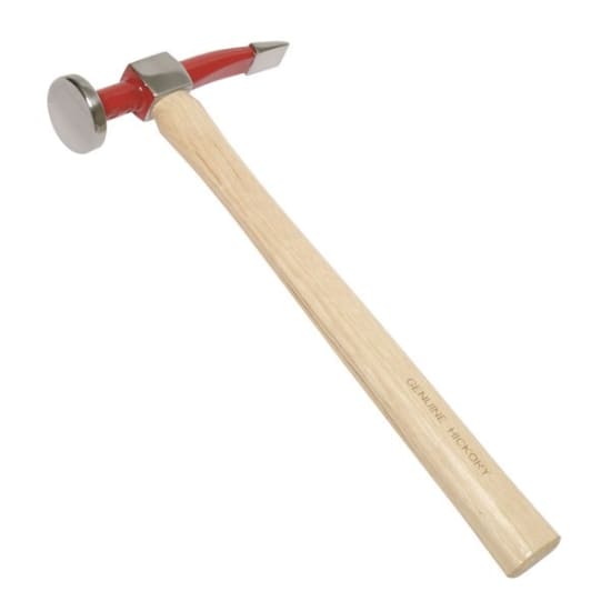 Toledo Panelbeating Hammer featuring a hardened head, hickory handle, and curved pein design for precision metalwork repairs.
