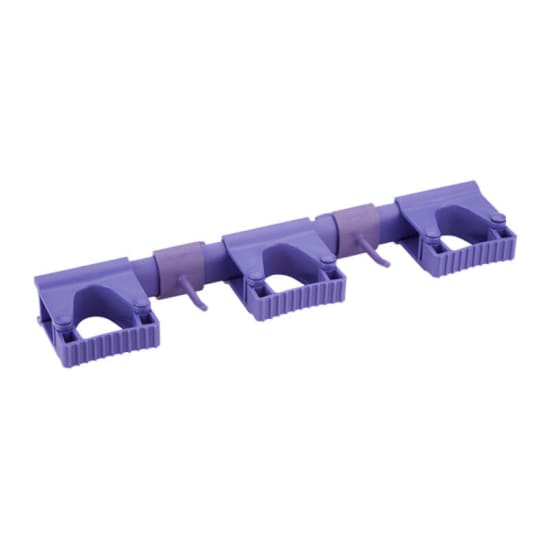 Vikan Hygienic Hi-Flex Wall Bracket System in purple for efficient, flexible storage of cleaning tools, featuring easy installation.