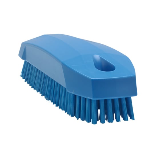 Vikan Stiff Bristle Nail Brush 130mm in blue for effective nail cleaning, featuring stiff bristles and a wall-mountable design.