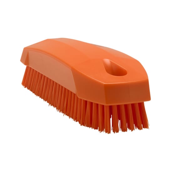 Vikan Stiff Bristle Nail Brush 130mm in vibrant orange, designed for thorough nail cleaning with durable stiff bristles.