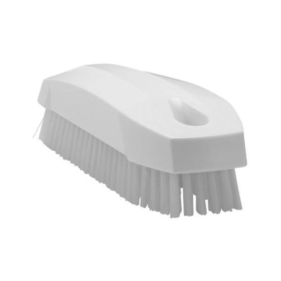 Vikan Stiff Bristle Nail Brush: 130mm white brush with stiff bristles for effective nail cleaning and hygiene maintenance.