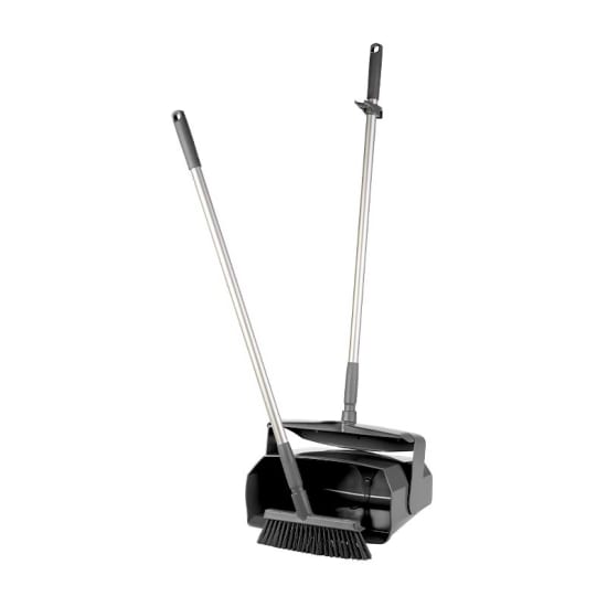 Vikan black dustpan and broom set with closable dustpan and dual-bristle broom for efficient, hygienic cleaning.