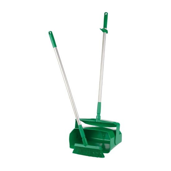 Vikan Lobby Dustpan & Broom Set in green, featuring a closable dustpan and dual-bristle broom for efficient cleaning.