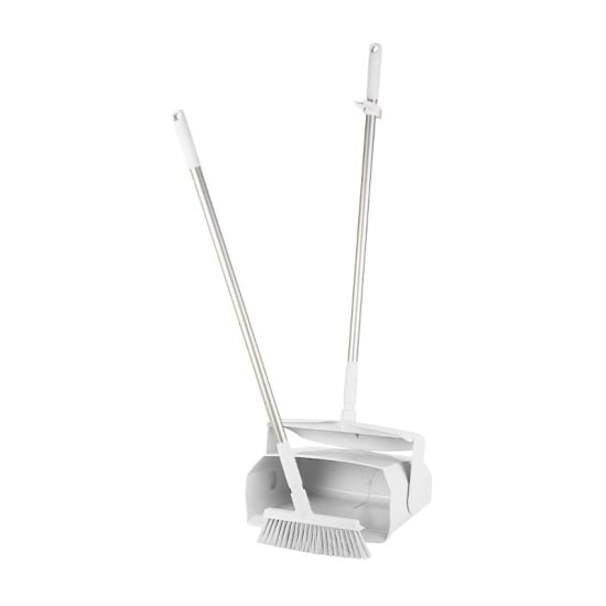 Vikan Lobby Dustpan & Broom Set in white, featuring a closable dustpan and versatile broom for efficient cleaning of debris.