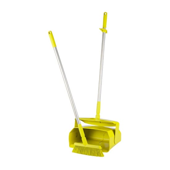 Vikan yellow dustpan and broom set designed for efficient cleaning of dry and moist debris in homes and commercial spaces.