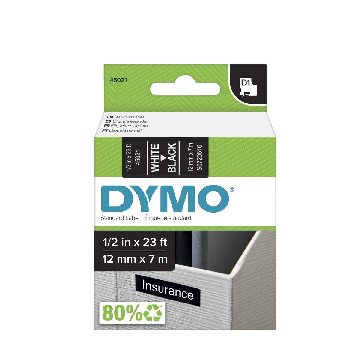 Dymo D1 Labelling Tape White on Black 12mm x 7m (Pack)