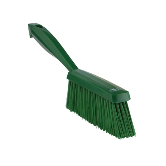 Vikan Soft Bristle Hand Bannister Brush in green, 330mm, ideal for cleaning flour and fine particles from delicate surfaces.