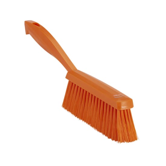 Vikan 330mm orange hand brush with soft bristles for effective cleaning of surfaces in food service environments.
