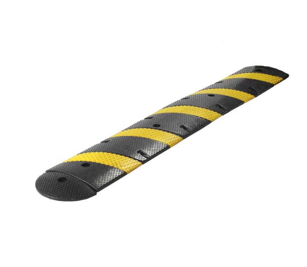 Economy speed hump in black and yellow, 1830L x 300W x 50H, designed for high-traffic areas with built-in cats' eyes for safety.