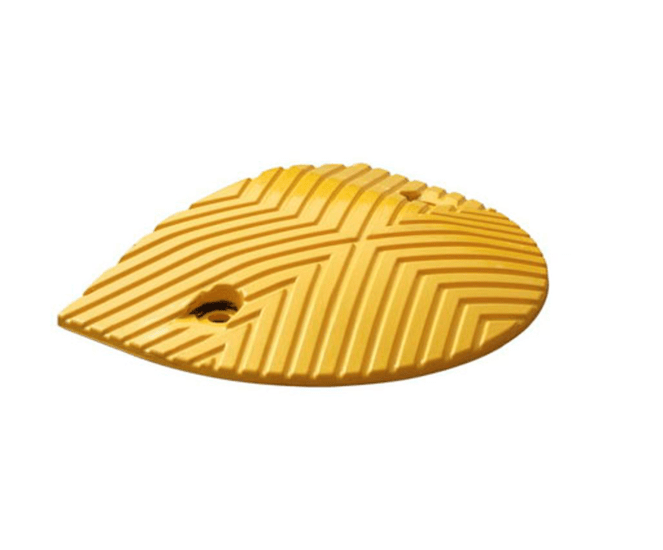 Bright yellow rubber speed hump end, 400L x 250W x 50H mm, designed for durability and easy installation on various surfaces.
