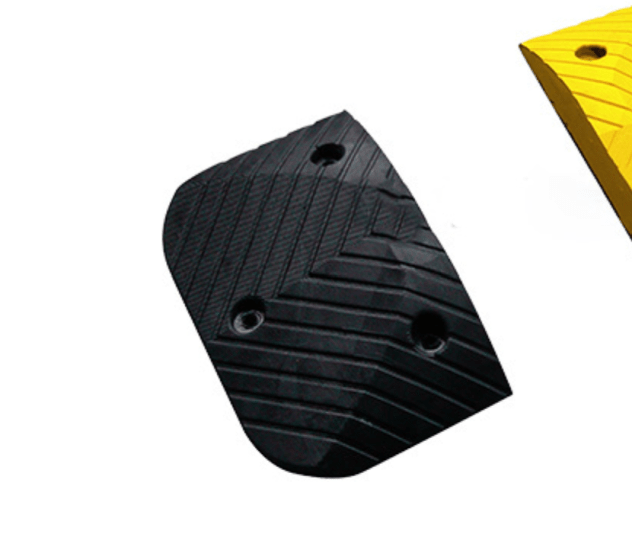 Rubber speed hump end in black, 400L x 250W x 50H, made from recycled rubber for durable traffic safety management.