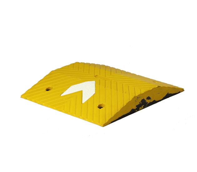 Heavy duty yellow speed hump, 500W x 550D, made of reinforced rubber for effective traffic control in busy areas.