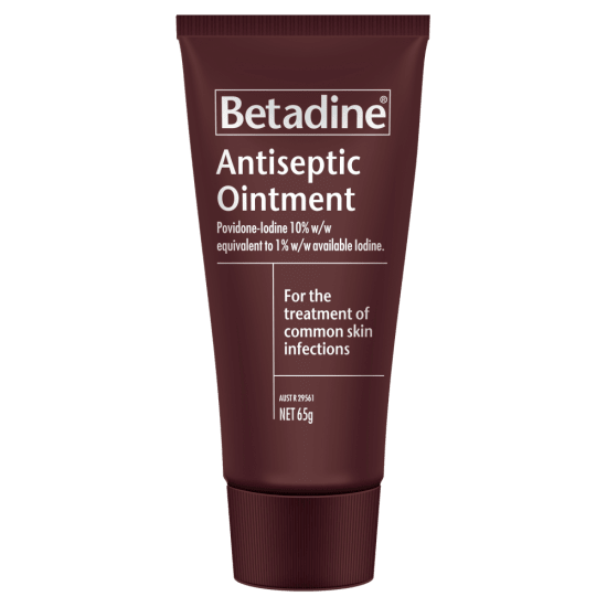 Betadine Antiseptic Ointment 65g tube for wound care, delivering broad-spectrum antimicrobial protection against infections.