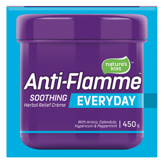 Nature's Kiss Anti-Flamme Everyday Rub 450g, a natural pain relief cream with peppermint scent for sore muscles and joints.
