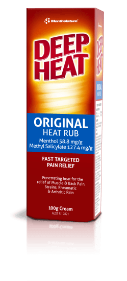Mentholatum Deep Heat 100g cream, formulated for fast relief from muscle and back pain, strains, and arthritic discomfort.
