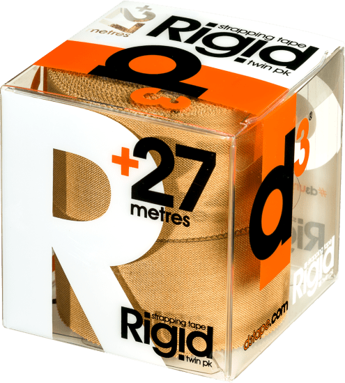 d3 Rigid Tape Premium Dual Pack showing strong, hand-tearable rayon-cotton tape with zig-zag edges for optimal joint support.